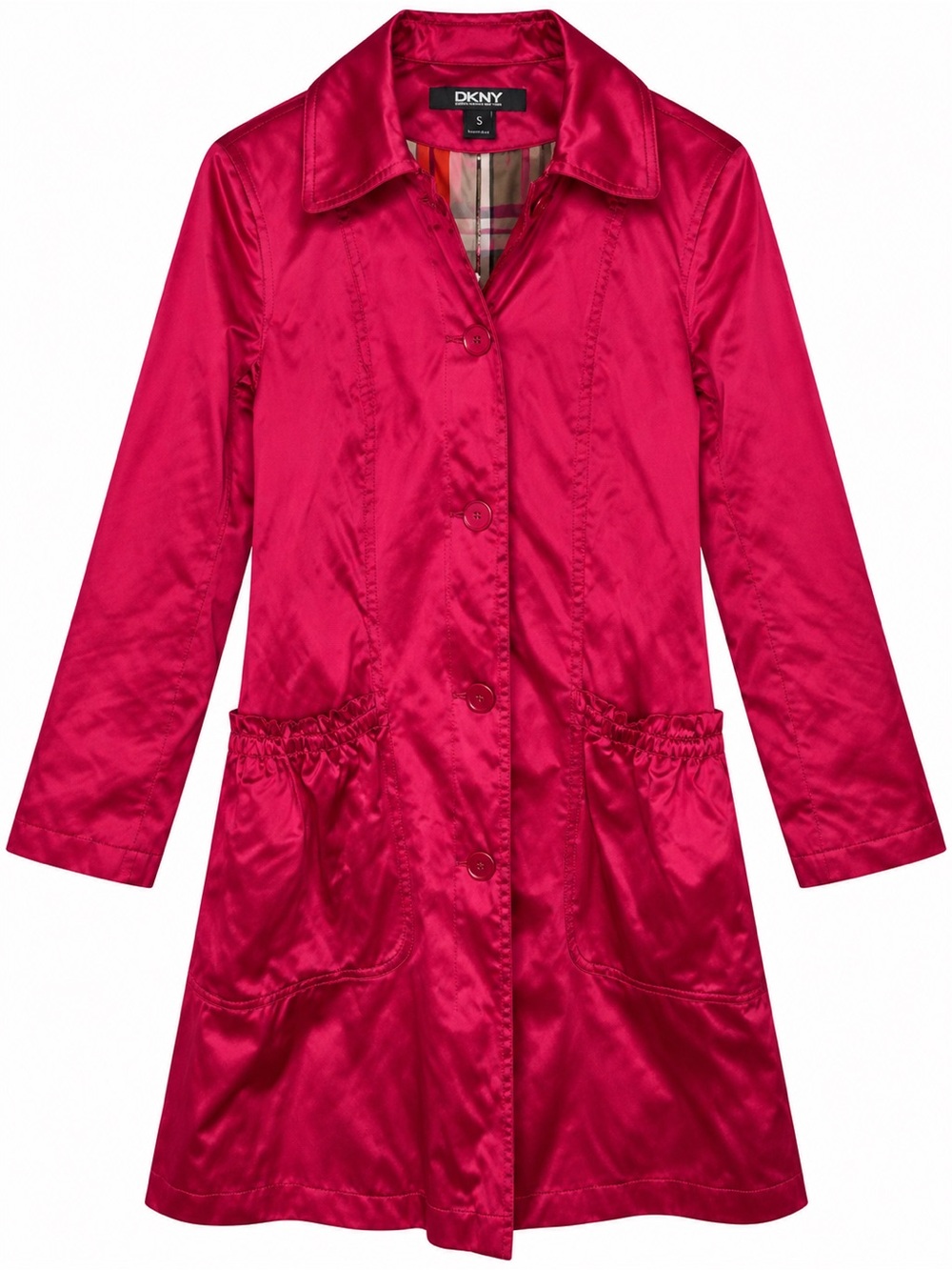 DKNY Small Magenta Satin Trench Coat Plaid Lined Ruffle Pocket Jacket